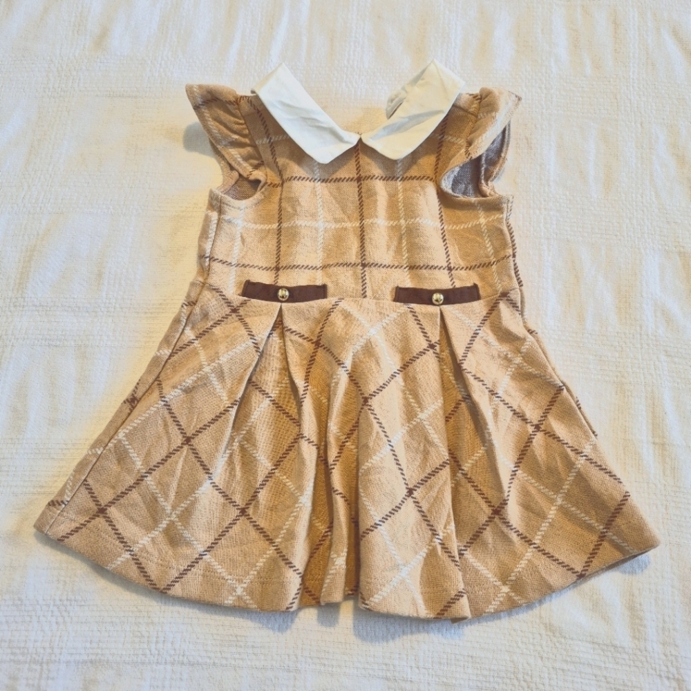 Janie and Jack girls 6-12 months tan & brown plaid dress EUC
